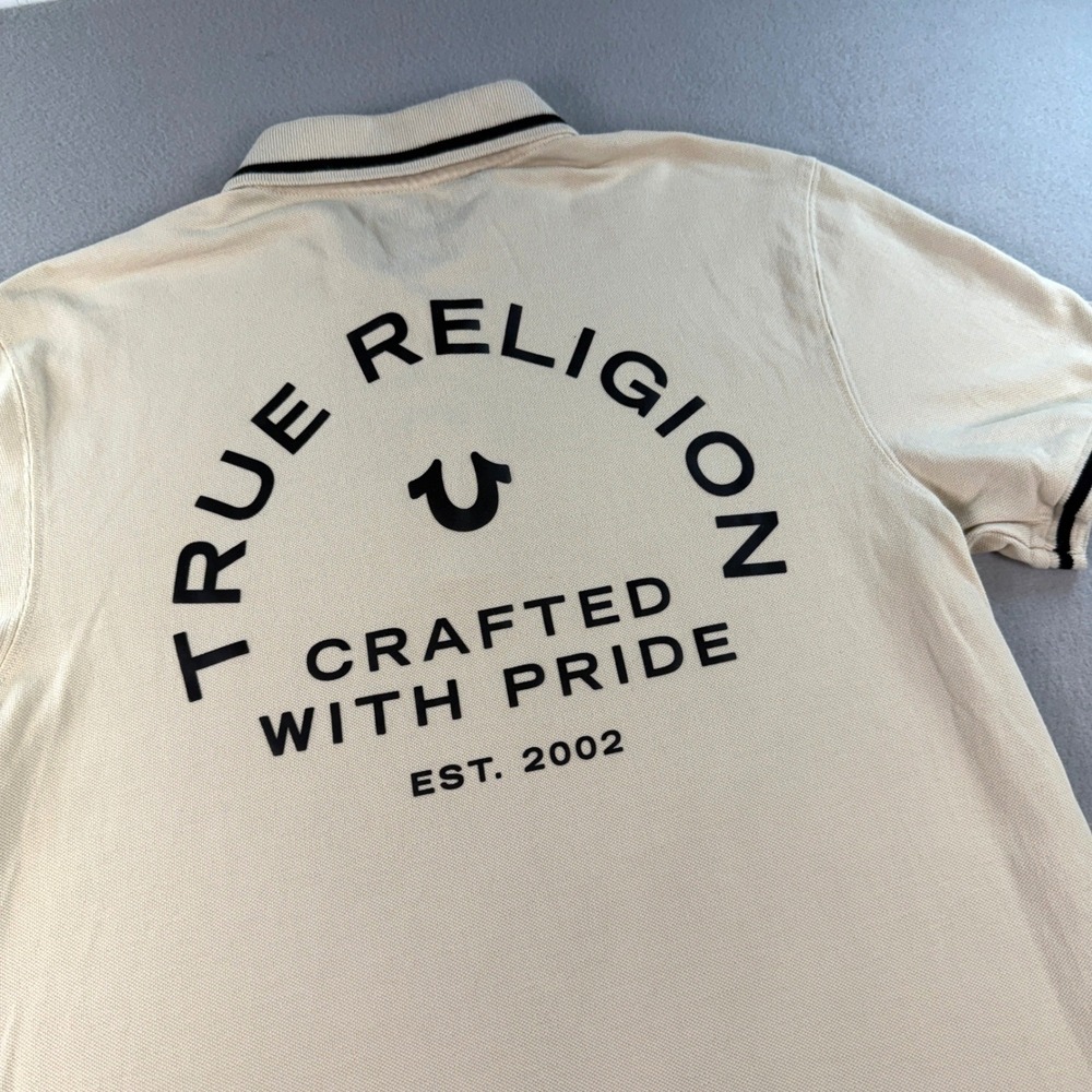 True Religion Polo Shirt Mens Short Sleeve Graphic Logo Beige Medium